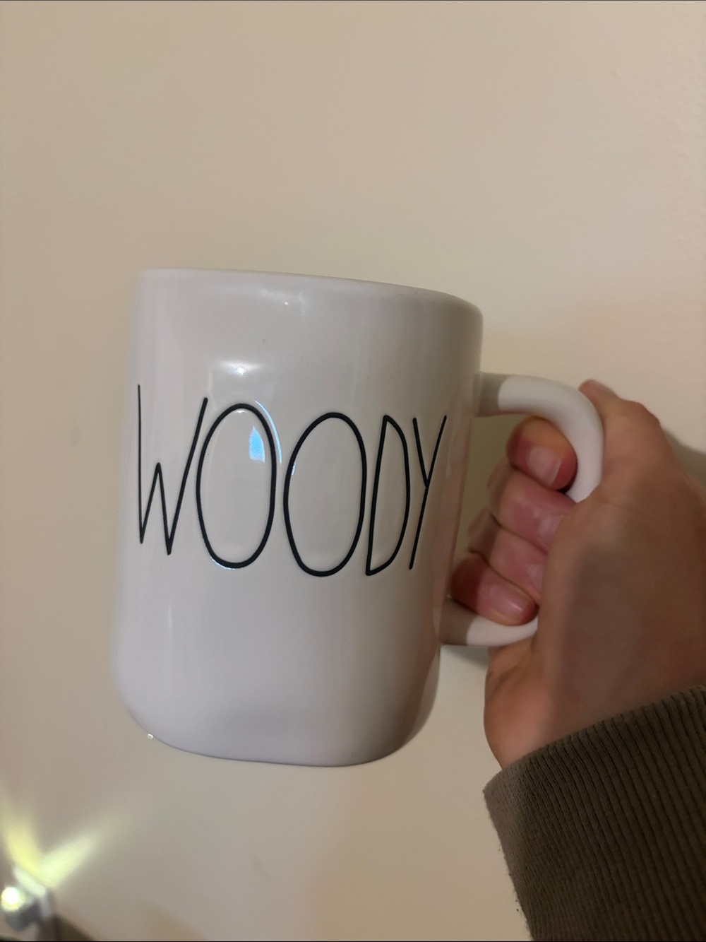 Rae Dunn White Ceramic Mug with Black WOODY Lettering